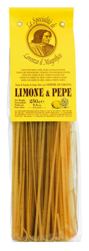 Linguine com limao e pimenta, tagliatelle com limao+pimenta+germe de trigo, 3 mm, Lorenzo il Magnifico - 250g - pacote Linguine com limao e pimenta, tagliatelle com limao+pimenta+germe de trigo, 3 mm, Lorenzo il Magnifico - 250g - pacote