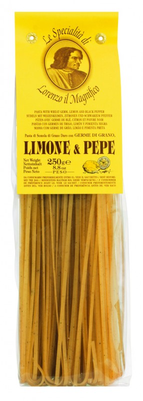 Linguine med citron och peppar, tagliatelle med citron+peppar+vetegroddar, 3 mm, Lorenzo il Magnifico - 250 g - packa