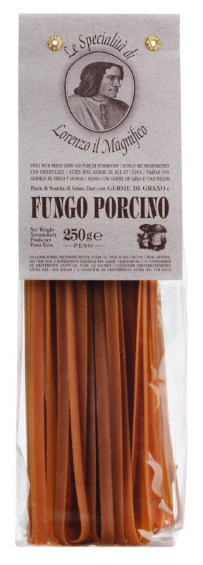 Tagliatelle ai funghi porcini, tagliatelle ai funghi porcini e germe di grano, 7 mm, Lorenzo il Magnifico - 250 g - pacchetto