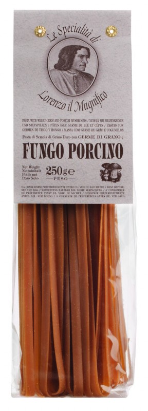 Tagliatelle medh porcini sveppum, tagliatelle medh porcini sveppum og hveitikimi, 7 mm, Lorenzo il Magnifico - 250 g - pakka