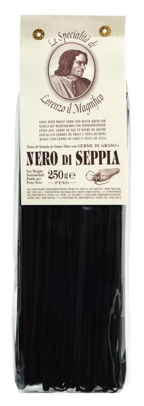 Linguine med blekksprutblekk, tagliatelle med blekksprutblekk + hvetekim, 3 mm, Lorenzo il Magnifico - 250 g - pakke