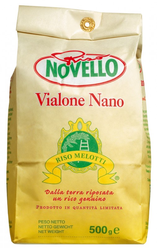 Riso Vialone Nano, Novello, oriz rizoto Vialone Nano Novello, Melotti - 500 gr - paketoj