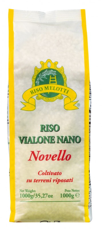 Riso Vialone Nano, Novello, arroz risotto Vialone Nano Novello, Melotti - 1.000 gramos - embalar