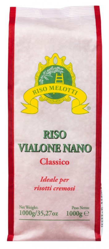Riso Vialone Nano, lavorato, arroz risoto Vialone Nano, Melotti - 1.000g - pacote