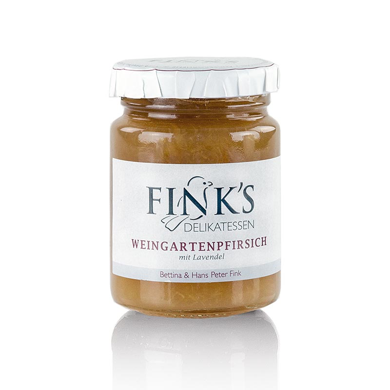 Weingartenpfirsich Fruchtaufstrich, mit Lavendel Fink`s Delikatessen - 110 g - Glas Weingartenpfirsich Fruchtaufstrich, mit Lavendel Fink`s Delikatessen - 110 g - Glas