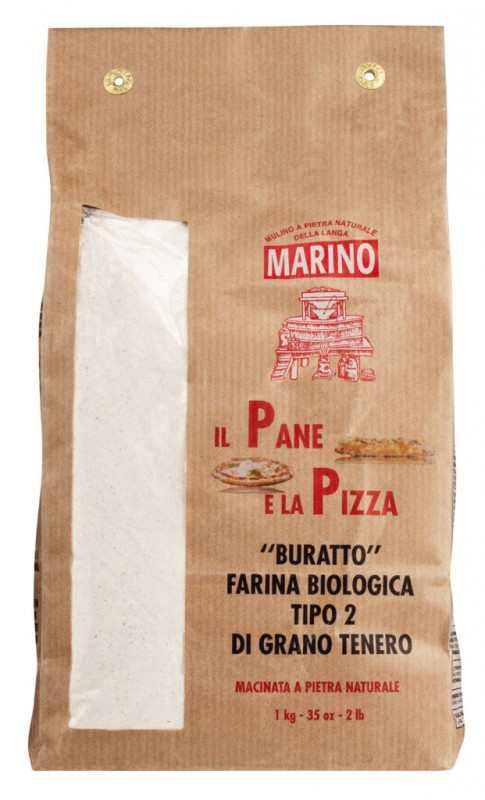 Farina di Grano tenero Buratto biologico, hveiti ur steinmyllunni fyrir pizzu + pasta, lifraent, Mulino Marino - 1.000 g - pakka