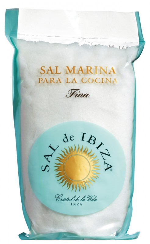 Sal Marina Fina, sal marinho fino em saco transparente, Sal de Ibiza - 1.000g - bolsa