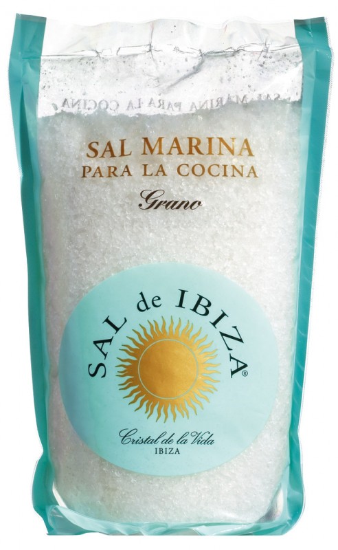 Sal Marina Grano, sal marina gruesa en bolsa transparente, Sal de Ibiza - 1.000 gramos - bolsa