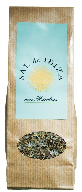 Granito con hierbas, isi ulang, garam laut dengan bumbu, dalam kantong jendela, Sal de Ibiza - 150 gram - tas
