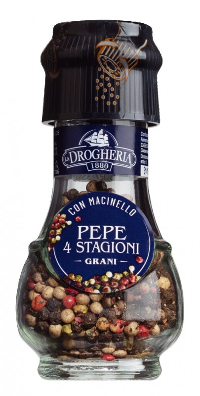 Pepe quattro stagioni con macinello, fyrfargad peppar, kryddkvarn, drogheria och alimentari - 35 g - Glas