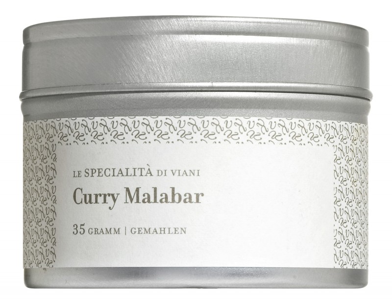 Curry Malabar, oekologisk, malt, karripulver, engelsk mild, Soervest-India, oekologisk, Le Specialita di Viani - 35 g - kan