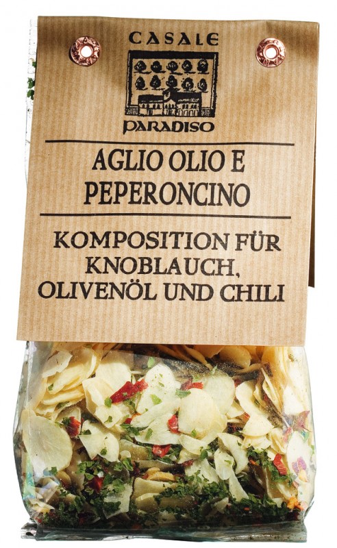 Preparazione condimento per pasta aglio peperoncino, aglio, olio e peperoncino, Casale Paradiso - 100 grammi - borsa
