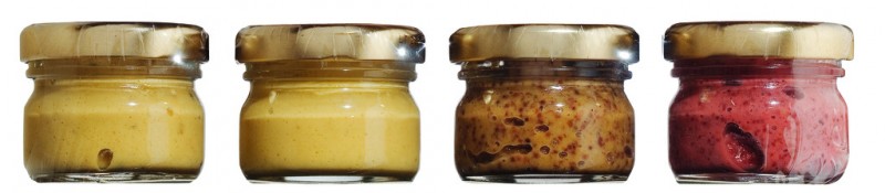 Moutarde de Dijon, smakesett, fire typer Dijonsennep, Fallot - 4 x 25 g - sett