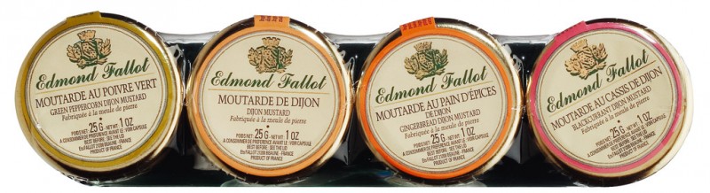 Moutarde de Dijon, smakesett, fire typer Dijonsennep, Fallot - 4 x 25 g - sett