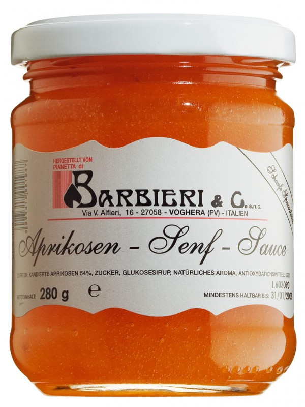 Salsa di albicocche, aprikoosi-sinappikastike, mausteinen-makea, Barbieri - 212 ml - Lasi