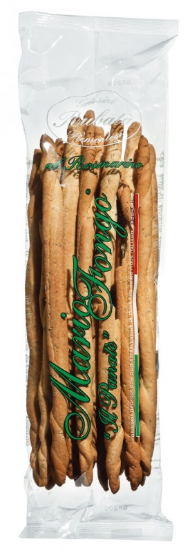 Grissini Rubata al rosmarino, pequenos palitos enrolados a mao com alecrim, Mario Fongo - 200g - bolsa Grissini Rubata al rosmarino, pequenos palitos enrolados a mao com alecrim, Mario Fongo - 200g - bolsa