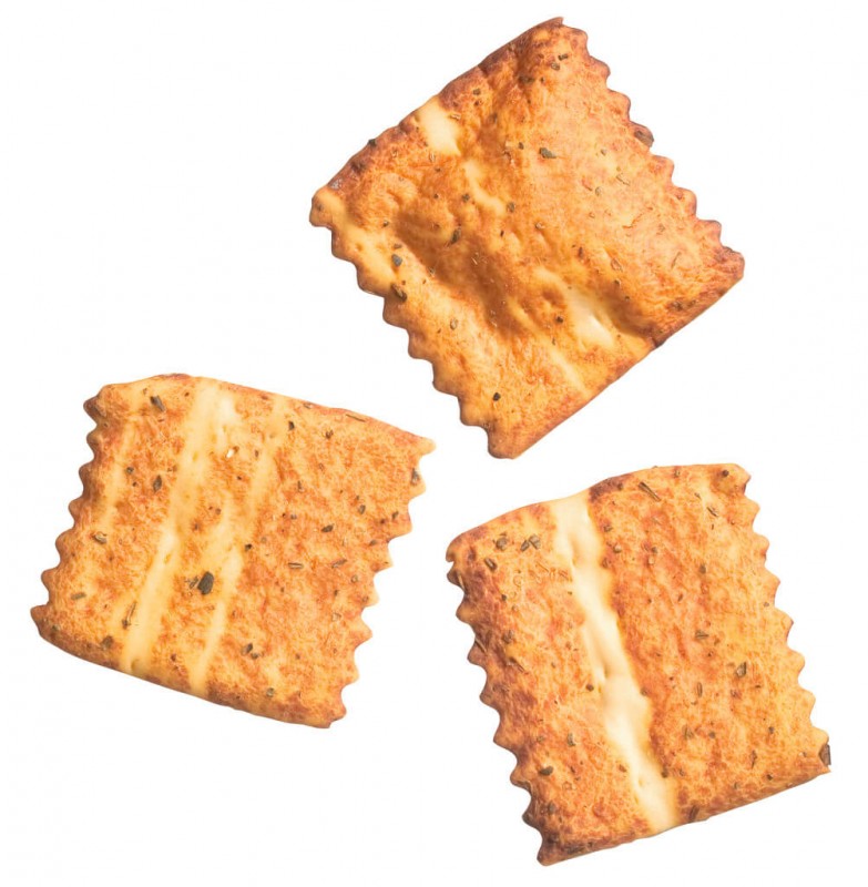 Quadrotti alla Pizza, biscoitos salgados com tomate e oregano, Viani - 200g - bolsa Quadrotti alla Pizza, biscoitos salgados com tomate e oregano, Viani - 200g - bolsa