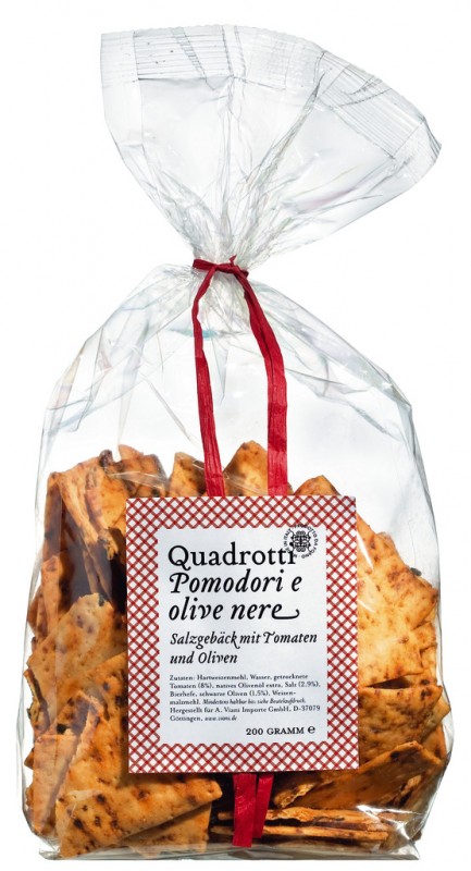 Quadrotti con Pomodori secchi e azeitona, biscoitos salgados com secos. Tomates e azeitonas pretas, Viani - 200g - bolsa