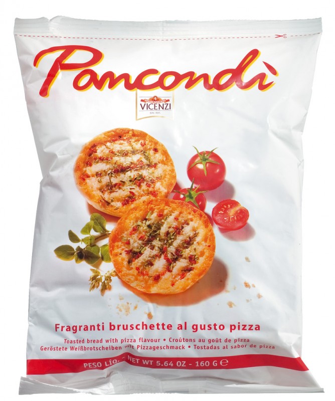 Pancondi, piza Bruschette al gusto, Kepingan roti bakar, perisa piza, Vicenzi - 160g - beg