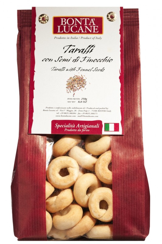 Taralli con semi di finocchio, biscoitos salgados com sementes de erva-doce, Bonta Lucane - 250g - bolsa