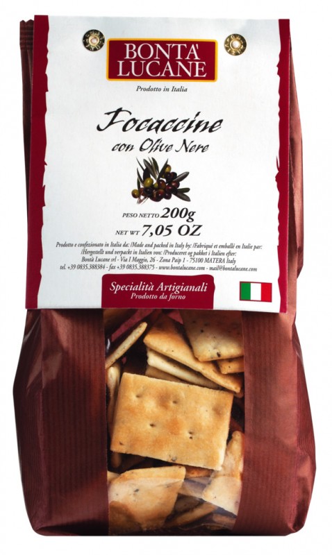Focaccine con olive nere, suolaiset leivonnaiset mustilla oliiveilla, Bonta Lucane - 200 g - laukku