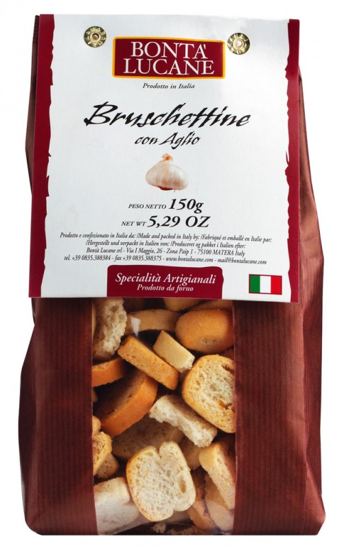 Bruschettine con aglio, ristede broedskiver med hvitloek, Bonta Lucane - 150 g - bag