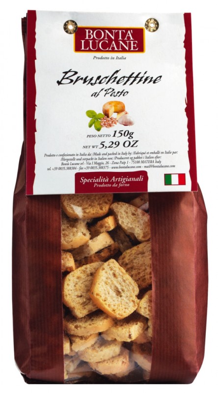 Bruschettine al Pesto, Fatias de pao torrado com pesto, Bonta Lucane - 150g - bolsa