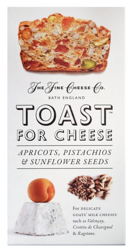 Paahtoleipaa juustolle - Aprikoosi, pistaasi, siemenet, aprikooseilla, pistaasipahkinoilla ja auringonkukansiemenilla, The Fine Cheese Company - 100 g - pakkaus