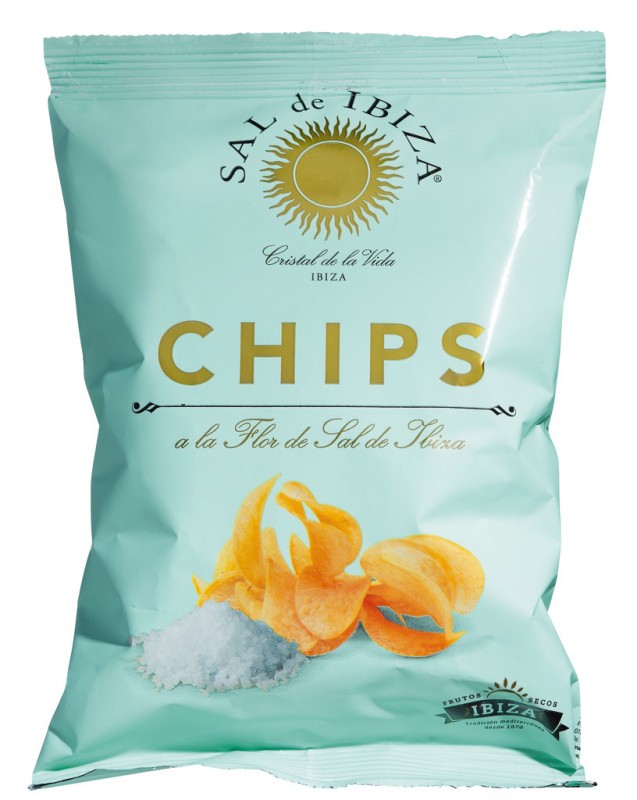 Chips a la Flor de Sal de Ibiza Mini, patatas chips con Sal de Ibiza, Sal de Ibiza - 45g - embalar