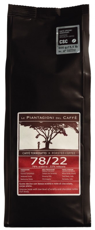 Espresso rosso, feijao, 78% Arabica, 22% Robusta, Le Piantagioni del Caffe - 500g - bolsa