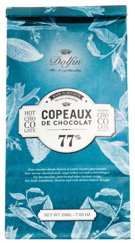 Les Copeaux, heitt sukkuladhi, 77% de cacao, drykkjarsukkuladhi, 77% kako, poki, Dolfin - 200 g - taska