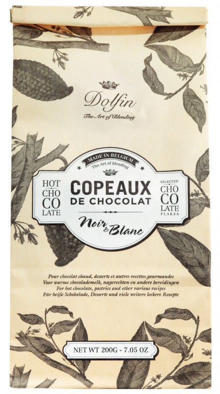 Les Copeaux, kuuma suklaa, noir ja blanc, juotava suklaa, mustavalkoinen, laukku, Dolfin - 200 g - laukku