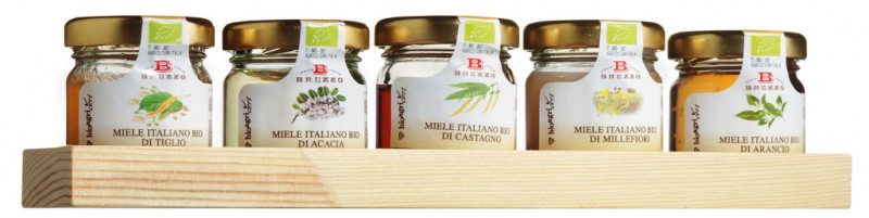 Miele assortito biologico, vasi mini, mini kavanoza mjalti 5 te ndryshme, set dhuratash, Apicoltura Brezzo - 5 x 35 g - vendosur