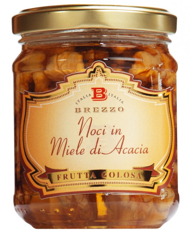 Noci in miele di acacia, valnotskarnor i akaciahonung, Apicoltura Brezzo - 230 g - Glas