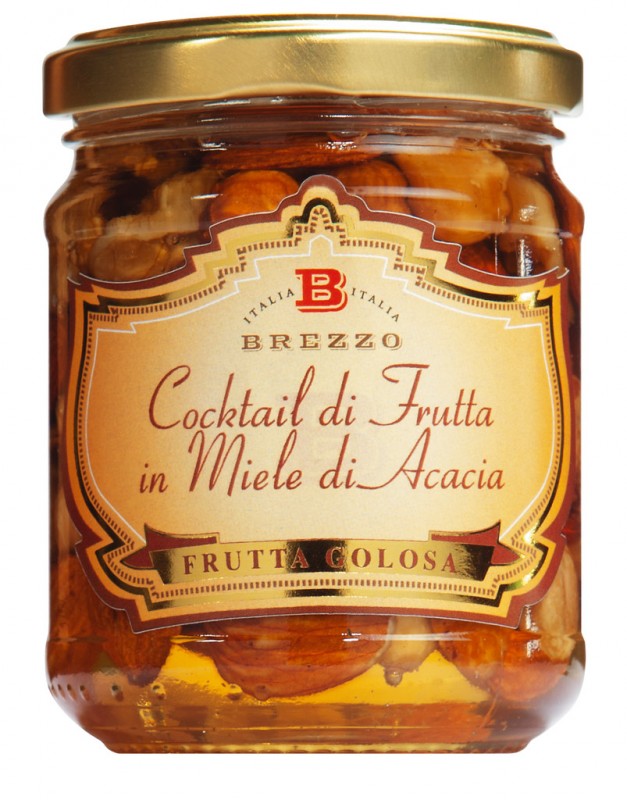 Cocktail di frutta secca in miele di Acacia, blandade notter i akaciahonung, Apicoltura Brezzo - 230 g - Glas
