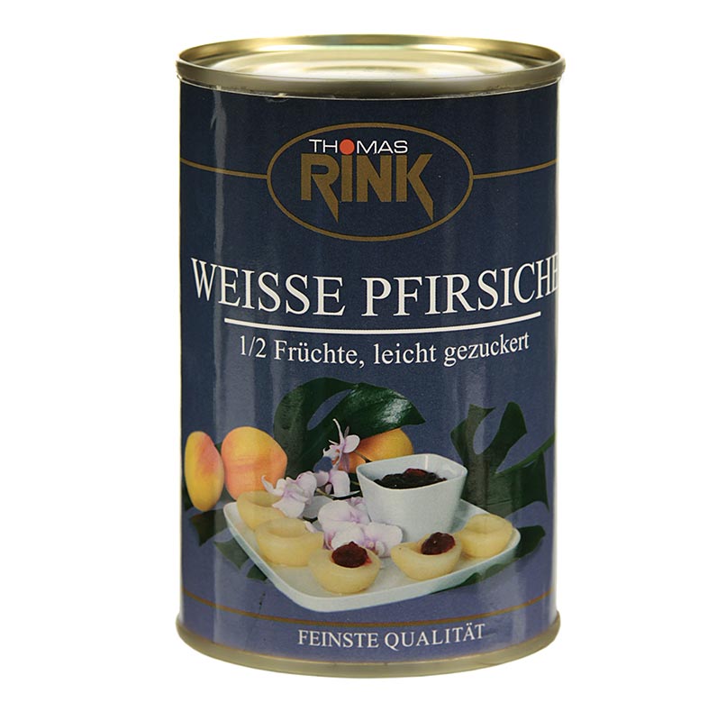 Weiße Pfirsiche, halbe Früchte, leicht gezuckert Thomas Rink - 425 g - Dose Weiße Pfirsiche, halbe Früchte, leicht gezuckert Thomas Rink - 425 g - Dose