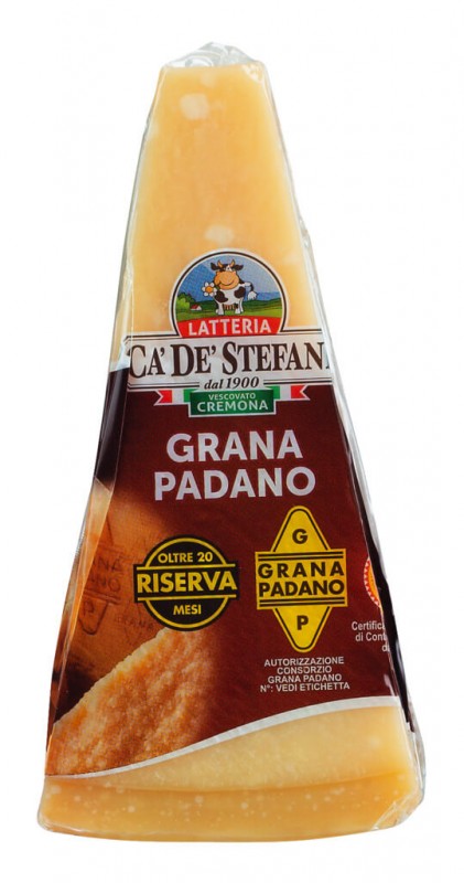 Grana Padano DOP Riserva 20 mesi, keju keras terbuat dari susu sapi mentah, matang minimal 20 bulan, Latteria Ca` de` Stefani - sekitar 350 gram - Bagian