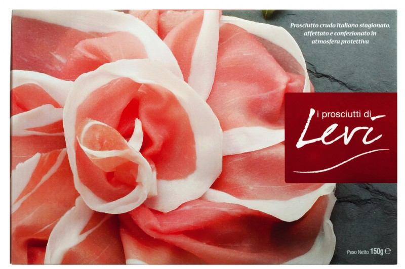 Prosciutto crudo stagionato, affettato, lufttorkad skinka i skivor, 14 manader, Levi Gregoris - 150 g - packa Prosciutto crudo stagionato, affettato, lufttorkad skinka i skivor, 14 manader, Levi Gregoris - 150 g - packa