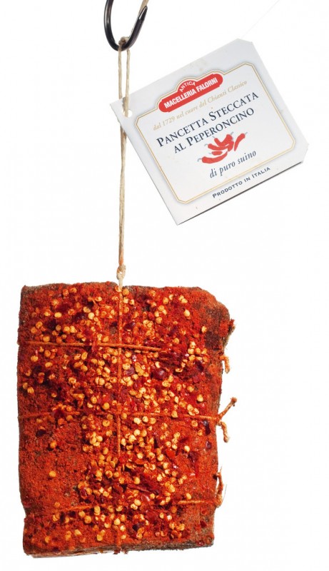 Pancetta al peperoncino, barriga de porco com calabresa, falorni - aproximadamente 425 g - Pedaco