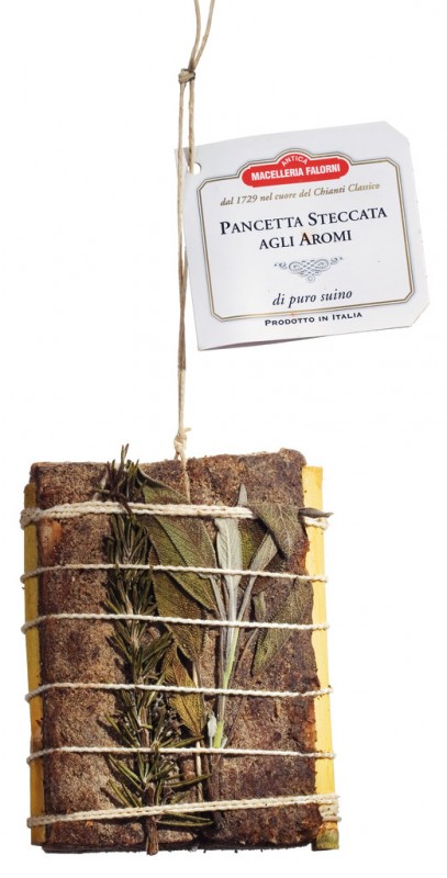 Pancetta con aromi, barriga de porco com ervas frescas, Falorni - aproximadamente 600g - Pedaco