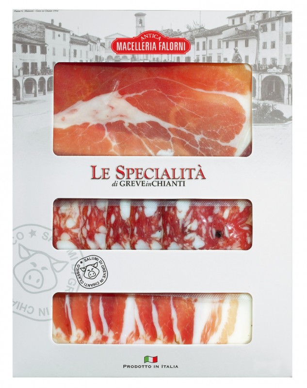 Tris Spuntino Suino Bianco, blandet palegg, porsjonspakke, Falorni - 100 g - pakke