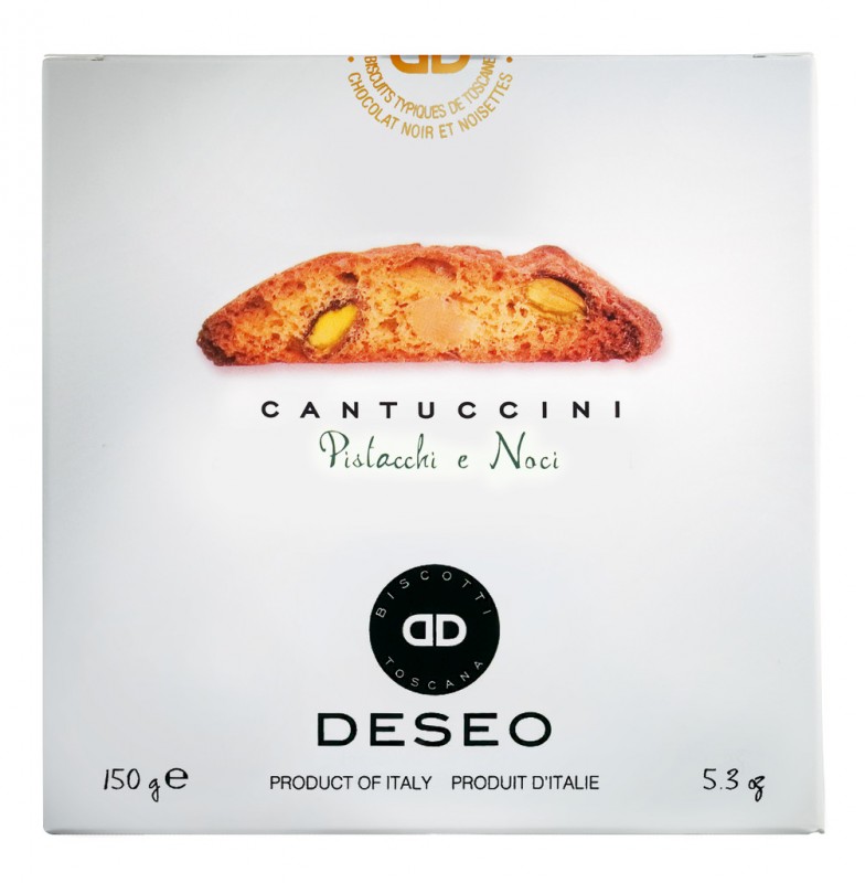 Cantuccini con pistacchi e noci, Cantuccini saksanpahkinoiden ja pistaasipahkinoiden kanssa, Deseo - 200 g - pakkaus