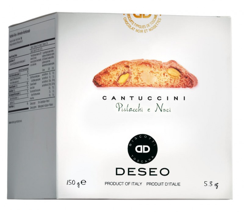 Cantuccini con pistacchi e noci, Cantuccini saksanpahkinoiden ja pistaasipahkinoiden kanssa, Deseo - 200 g - pakkaus