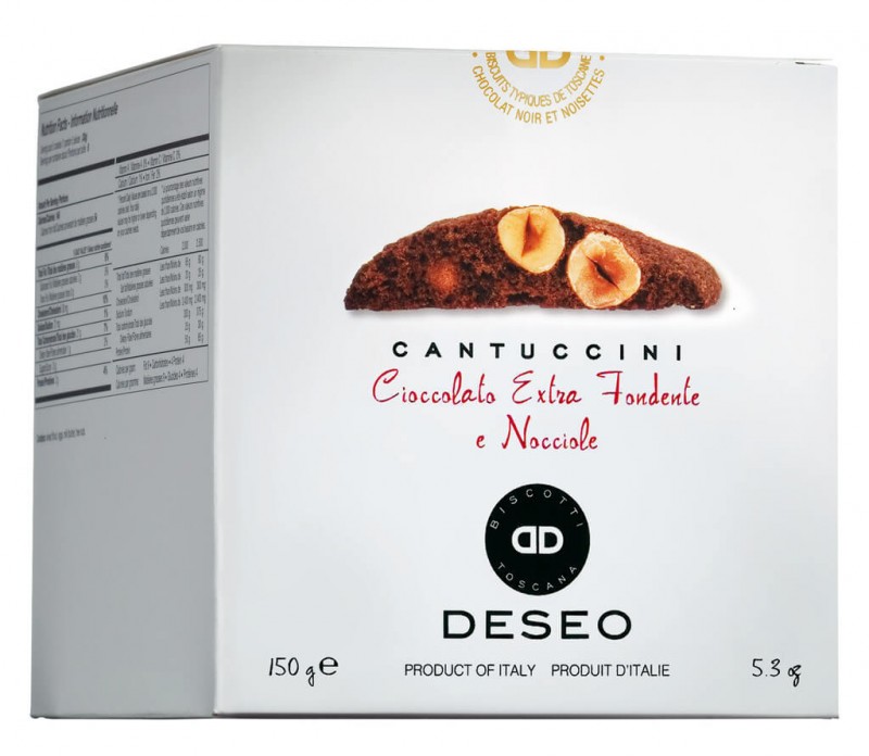 Cantuccini com nocciole e cioccolato fondente, Cantuccini com avelas e chocolate, Deseo - 200g - pacote