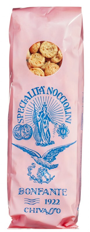 Nocciolini di Chivasso, astuccio, pequeno amaretti de avela de Chivasso, Bonfante - 100g - pacote