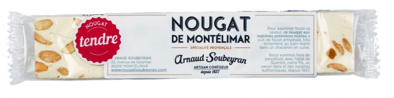Nougat de Montelimar, tendre, nougat, lembut, bar, Arnaud Soubeyran - 50 gram - mengemas
