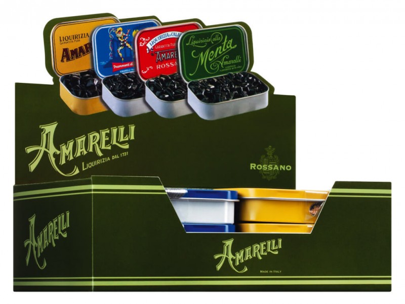 Liquirizia mista, 4 latas diferentes, pastilhas mistas de alcacuz, display, Amarelli - 12x40g - mostrar