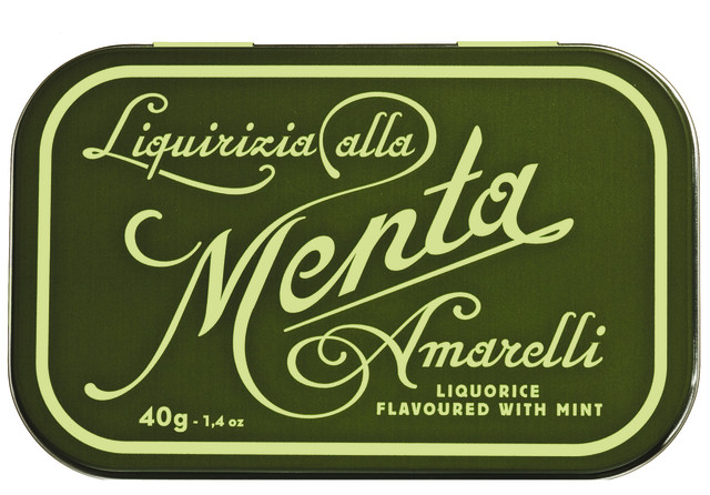 Lakrispastiller med mint moerkegroenn boks, Liquirizia alla Menta - Groenn, Amarelli - 12 x 40 g - vise