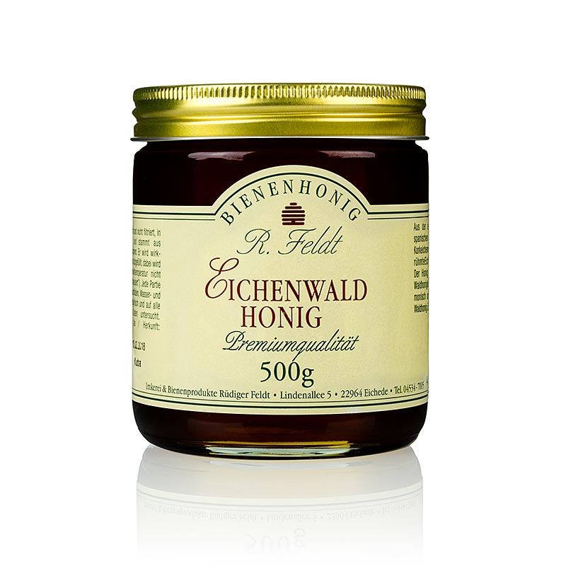Eichenwald-Honig, Spanien, reiner Korkeichenbestand, schwarz, flüssig, wenig süß Imkerei Feldt - 500 g - Glas