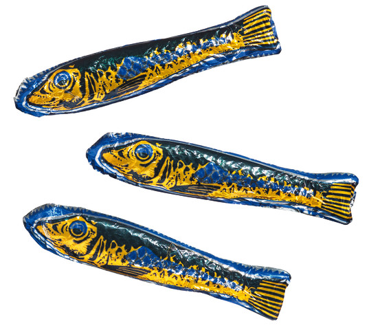 Latas de Sardinas, esposizione, sardine al cioccolato al latte, esposizione, Simon Coll - 18 x 24 g - Schermo